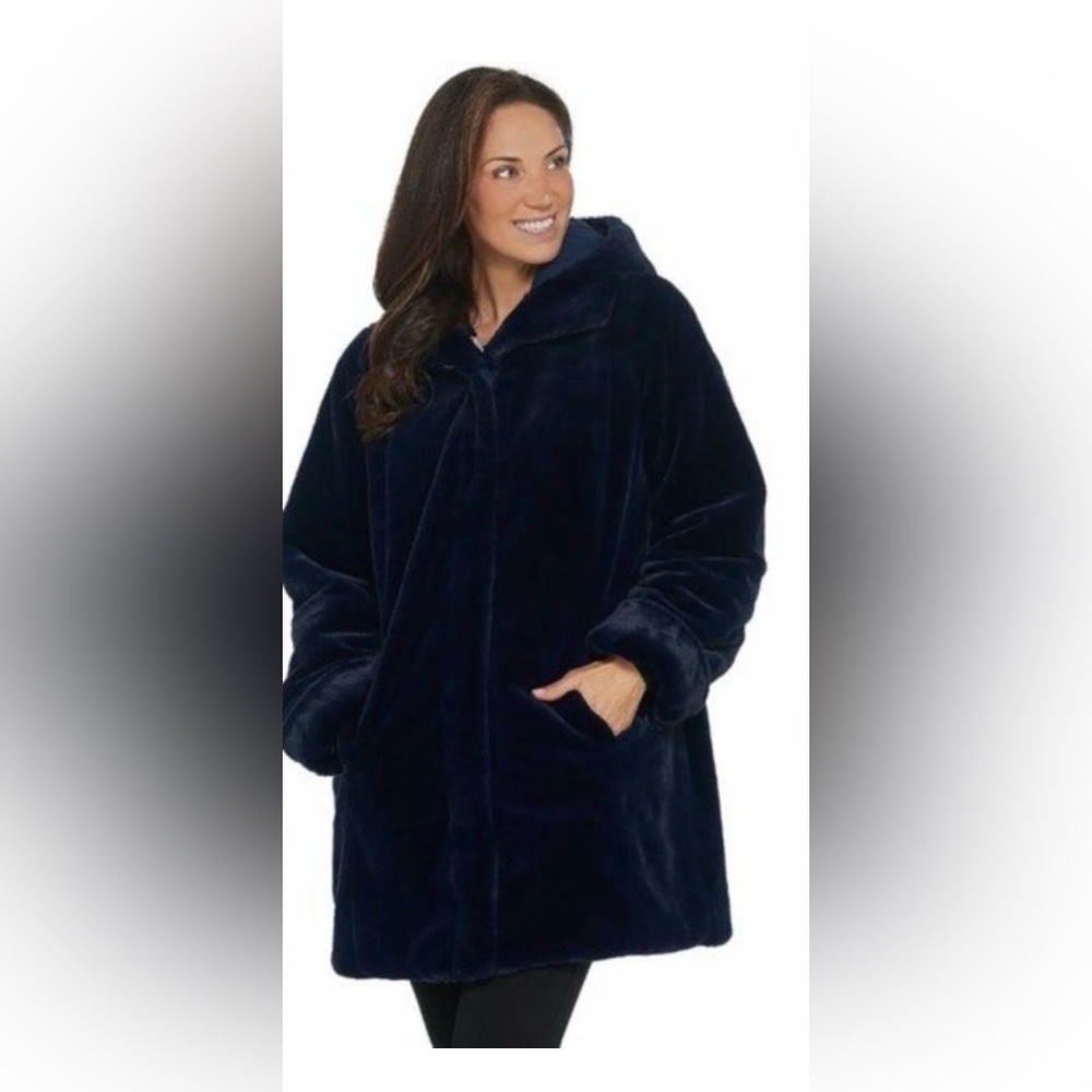 Dennis Basso Black Faux Fur Hooded Coat
